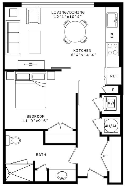 Floor plan for 1 bed, 1 bath, 595 sqft